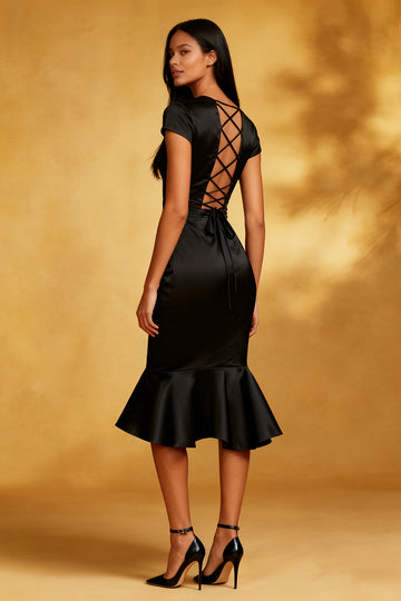 Mermaid Satin Round Neck Little Black Dress with Ruffles